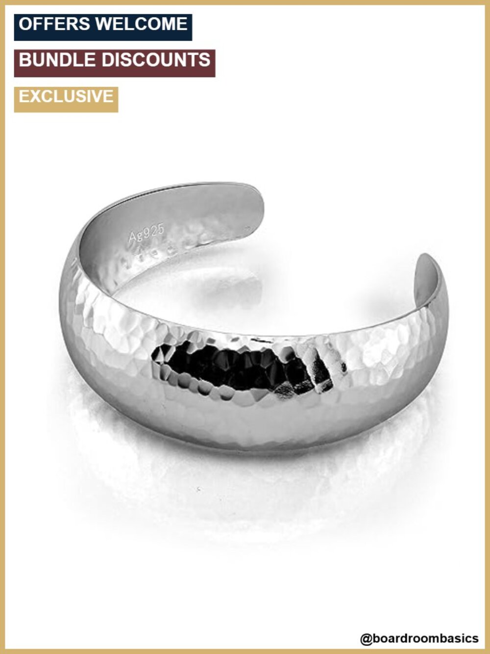 925 Sterling Silver Hammered Wide Cuff Bangle Open Bracelet Adjustable
